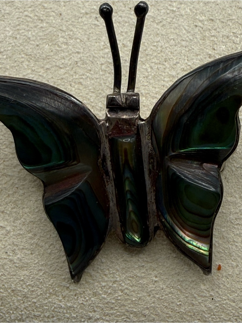 Taxco Iridescent Abalone Butterfly Brooch - Green Blue Accents - Picture 3 of 9